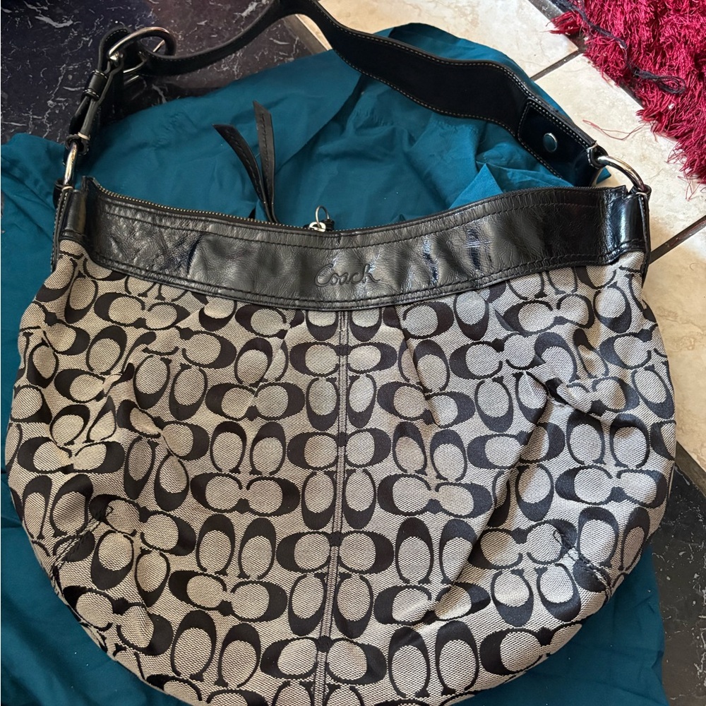 Coach Signature Canvas Shoulder Bag in Black and Khaki - Picture 2 of 5